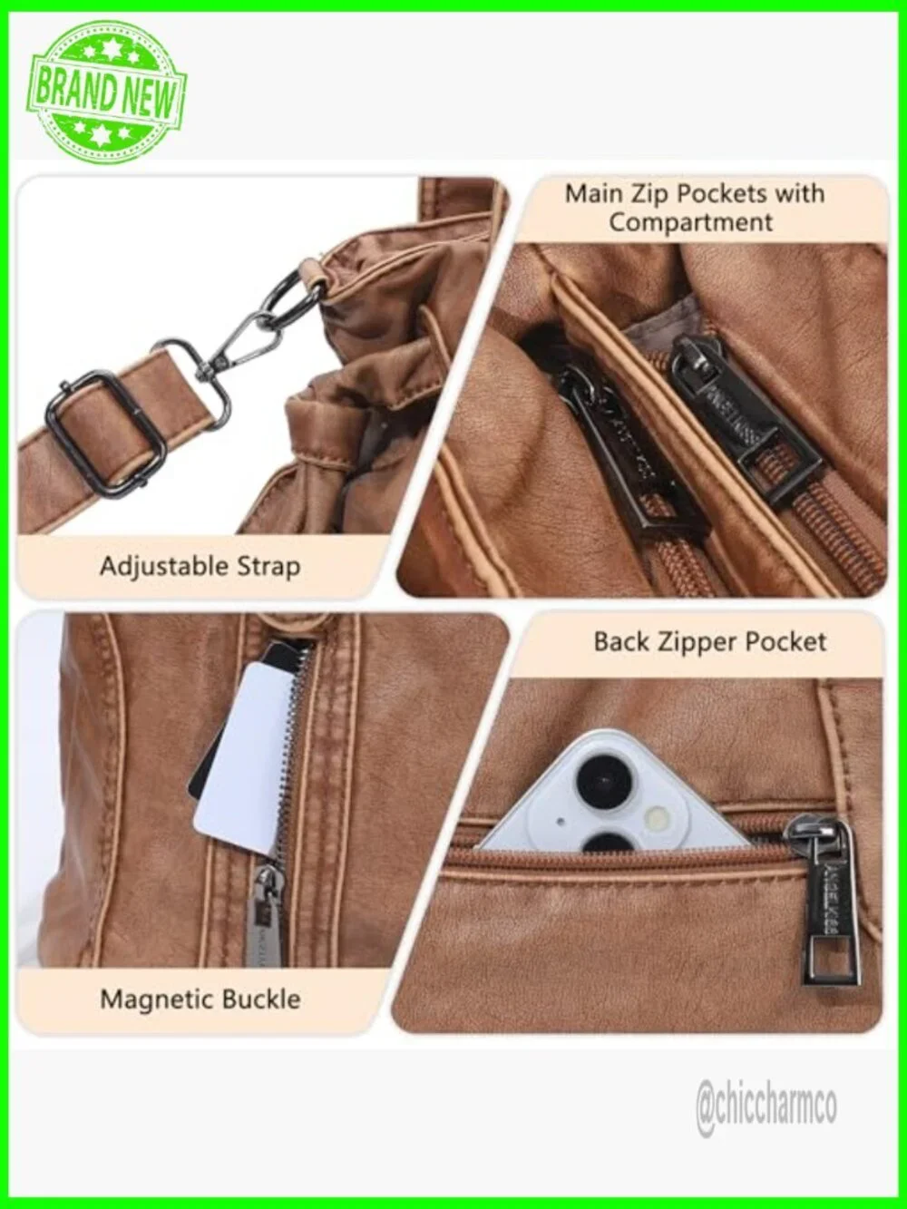 Vegan Leather Hobo Bag with Adjustable Strap, 5 Pockets, 14.4x11.8x5.1 Inches